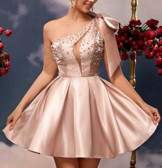 Elegant Champagne Shiny Satin Shoulder Bow Decor Front Mesh Cutout Luxury - Picture 1 of 4